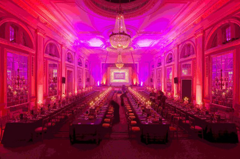 A photo of a large hall set for dinner at the Gleneagles Hotel, as part of the Johnnie Walker Championship 2010