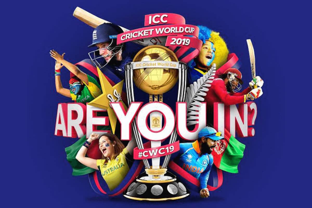 A collage image for the ICC Men's Cricket World Cup 2019 showing various cricket players and fans and the words