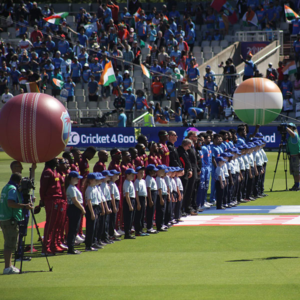 A photo of the West Indian and Indian cricket sides lined up for their national anthems, prior to a match at the ICC Men's Cricket World Cup 2019
